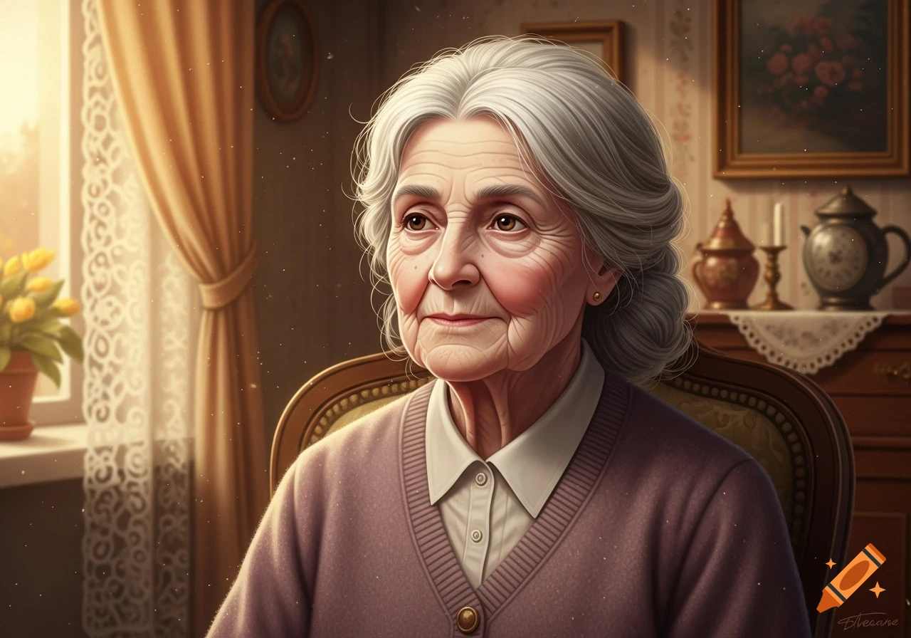 A photorealistic portrait of an elderly woman with white hair and hazel eyes, sitting in a cozy room with curtains and antique decor.
