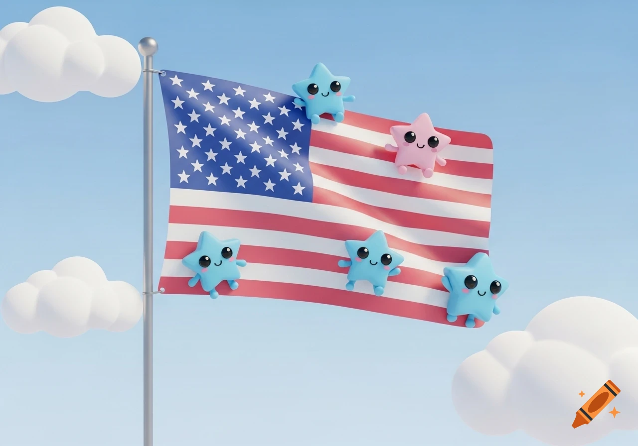Five smiling, cute 3D star characters, four blue and one pink, playfully cling to an American flag waving in a bright blue sky with clouds.