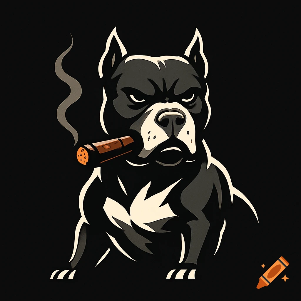A stylized black and white pitbull logo with an angry expression, smoking a cigar, on a black background.