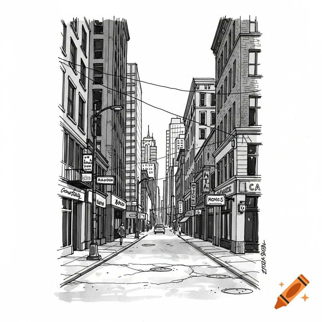 A black and white ink drawing of a bustling city street lined with tall buildings and shops under a clear sky. A lone car drives in the distance.