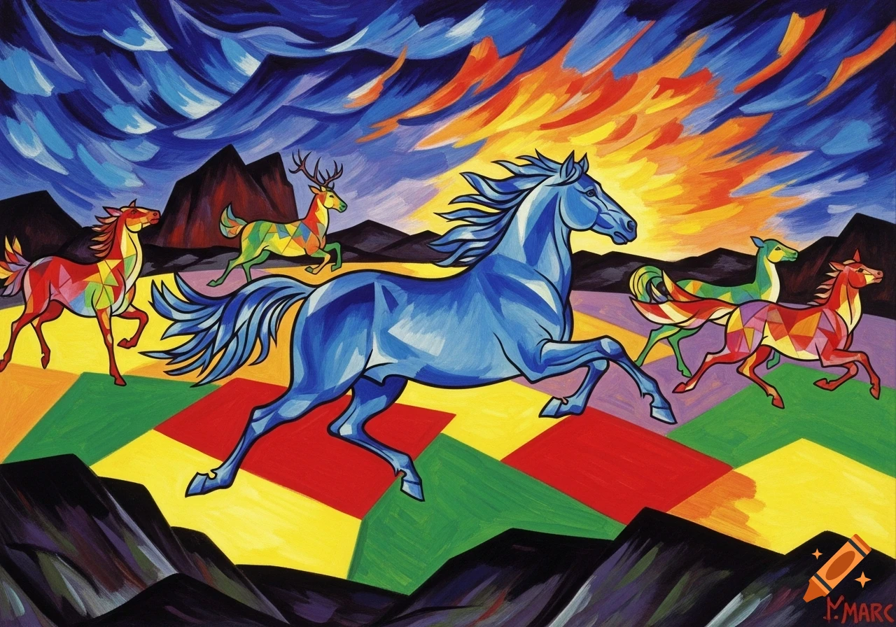 Cubist painting with a blue horse, multicolored deer, and horses running through a vibrant, geometric landscape.