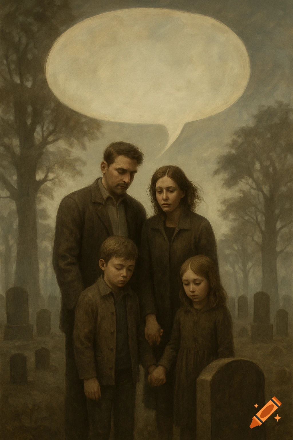 A sepia-toned painting of a solemn family of four standing by a grave in a misty cemetery, with a large, empty speech bubble.