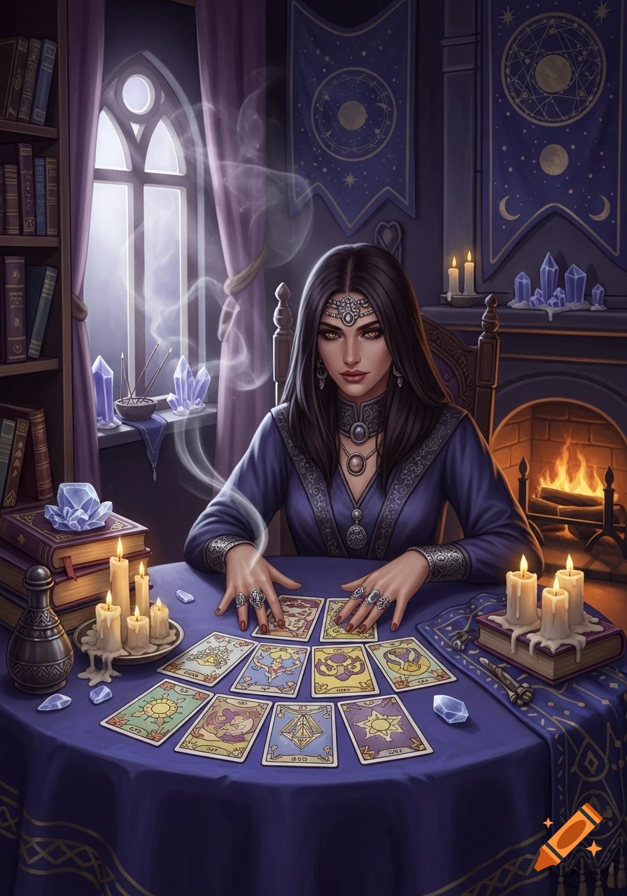 A dark-haired woman in a purple robe performs a tarot card reading at a candlelit table, surrounded by magical artifacts.