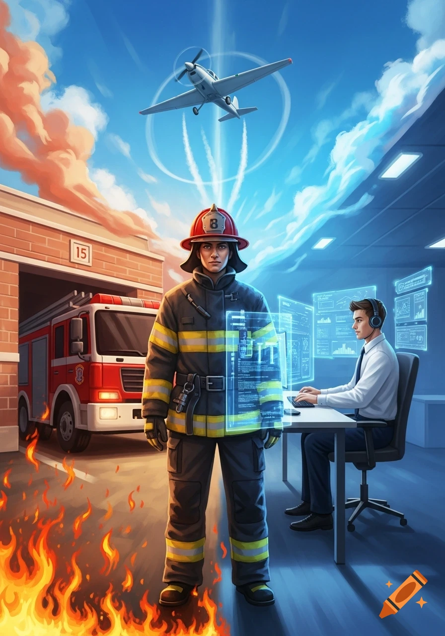 An illustration showing a firefighter in front of a fire station with flames, an IT worker at a desk, and a plane flying overhead.
