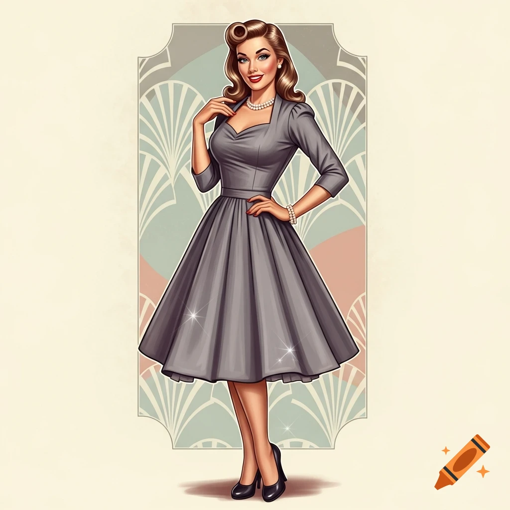An illustrated 1950s pin-up girl in a gray dress and pearls, smiling and posing against a retro background.