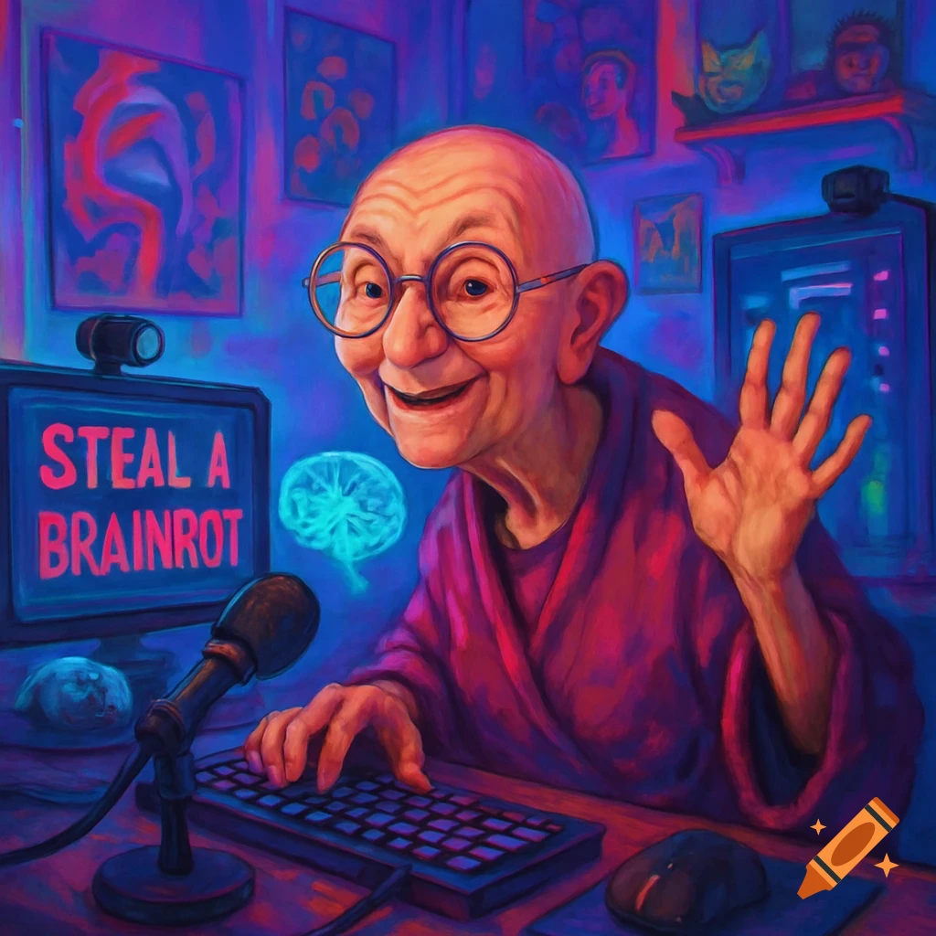A smiling, bald elderly person in glasses and a robe waves while streaming on a computer, with 'STEAL A BRAINROT' on screen, in a vibrant, neon art style.