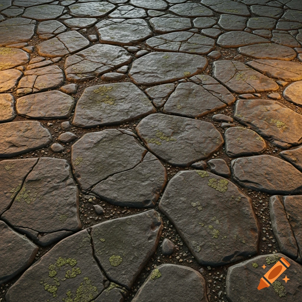 A close-up view of a rugged, weathered stone floor texture with various sized flat stones, dirt, and green moss, lit by a warm glow.