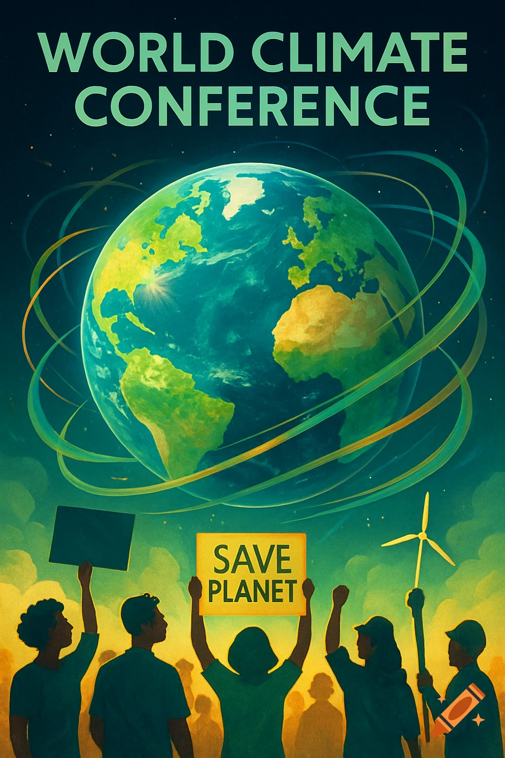 A graphic design poster for a World Climate Conference showing the Earth above people holding 'SAVE PLANET' signs.