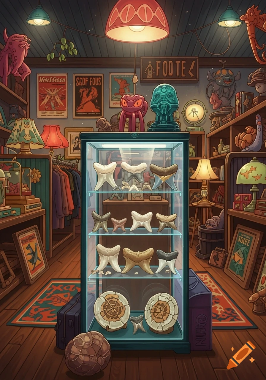 Detailed cartoon illustration of a cluttered, dimly lit thrift store filled with curiosities, including a display case of shark teeth in the center, shelves of strange artifacts, old lamps, and posters.