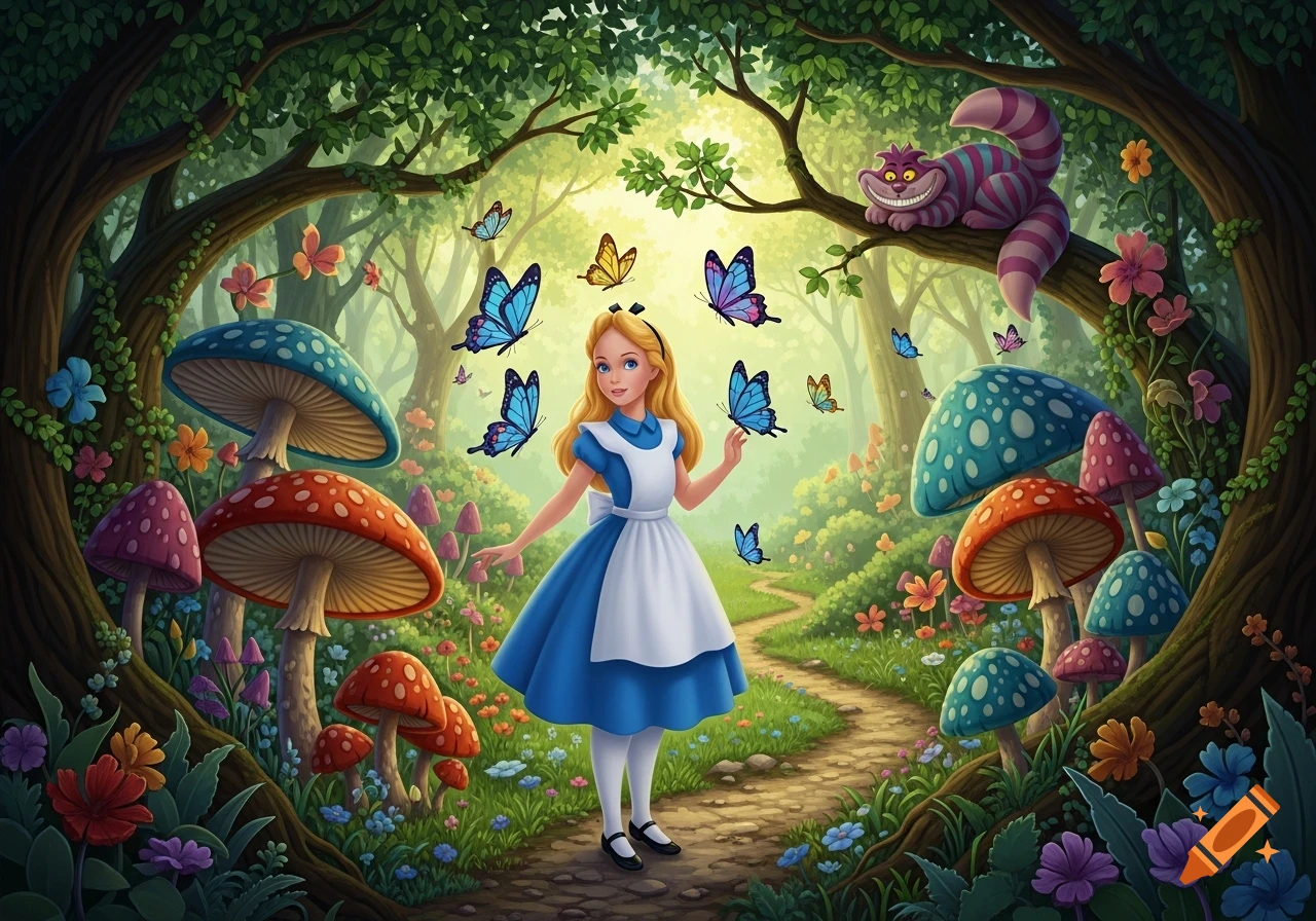 A vibrant illustration of Alice in Wonderland standing in a magical forest with giant colorful mushrooms, butterflies, and the Cheshire Cat on a tree branch.