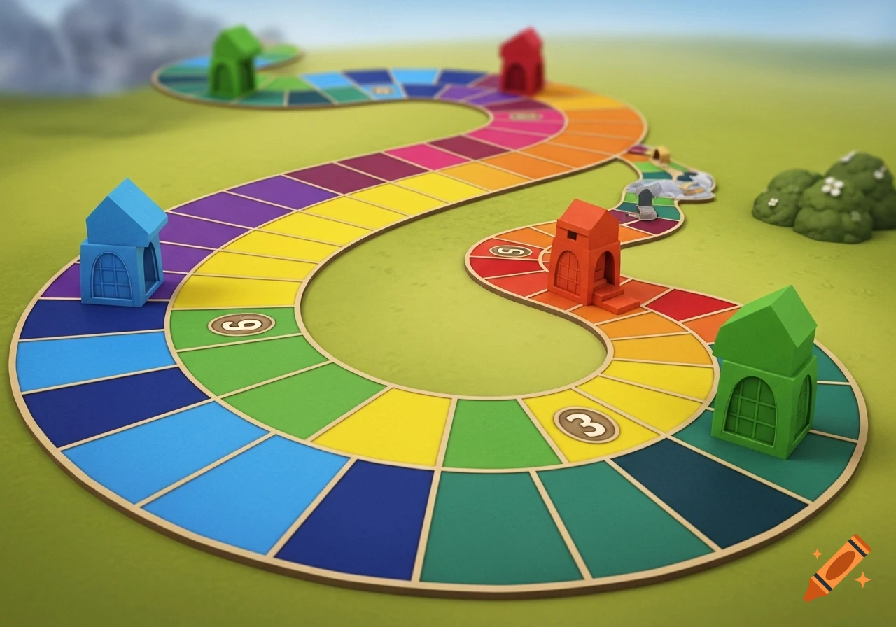 A colorful board game path with houses and numbered squares, set on a green field.