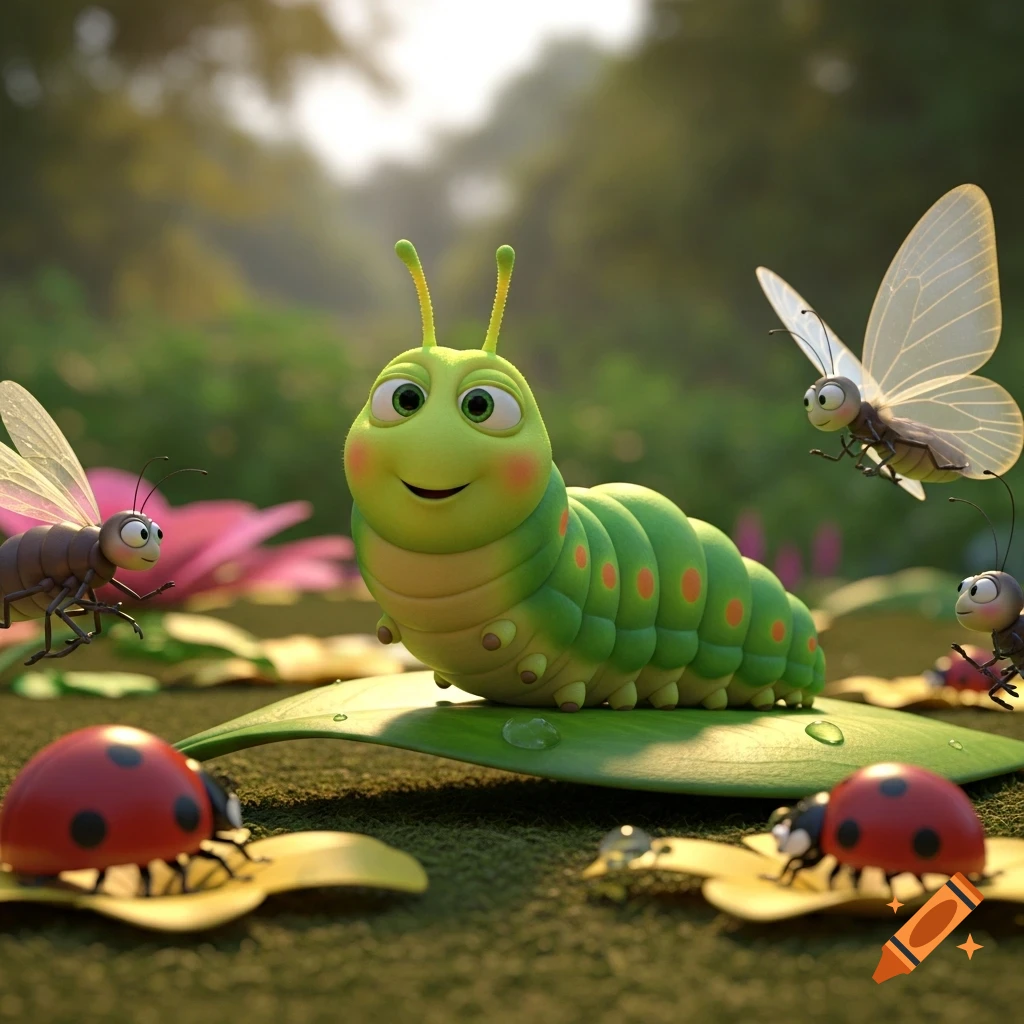 A cheerful green caterpillar on a leaf in a lush garden, surrounded by flying insects and ladybugs, in a vibrant 3D animated style.