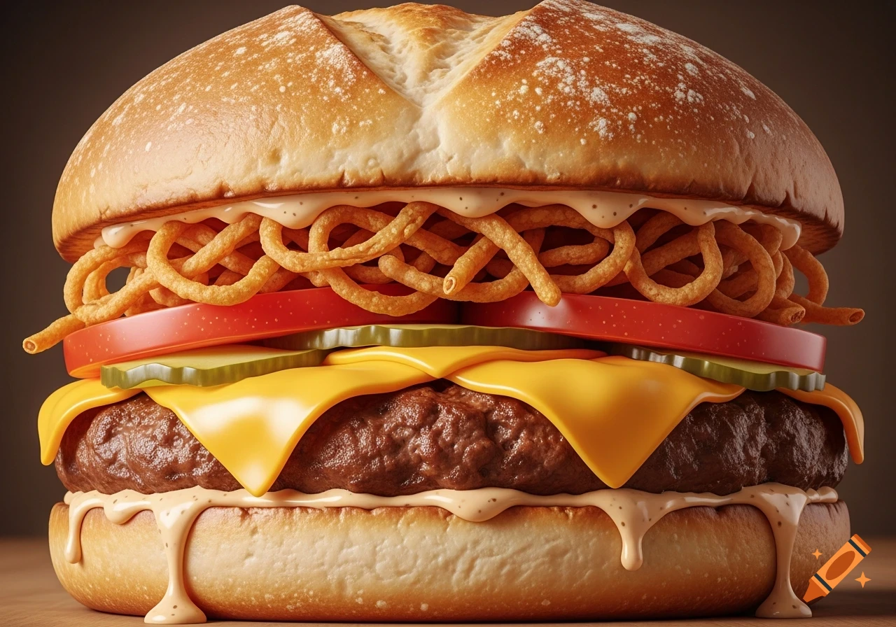 A photorealistic hamburger with cheddar cheese, tomato, pickles, crispy fried onions, and fry sauce dripping from the bun.