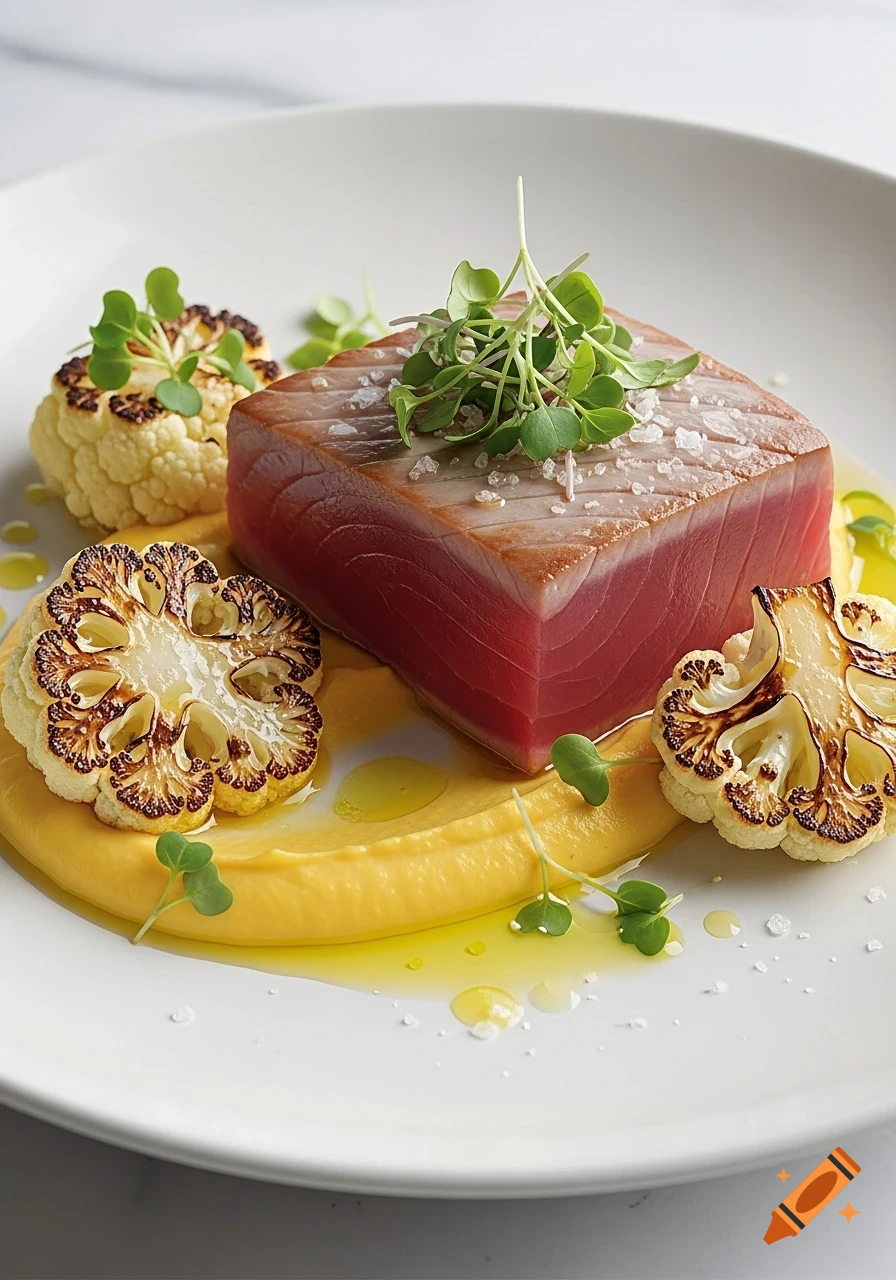 A close-up shot of a gourmet dish featuring a seared tuna steak garnished with microgreens and sea salt, served with roasted cauliflower florets and a yellow puree on a white plate.