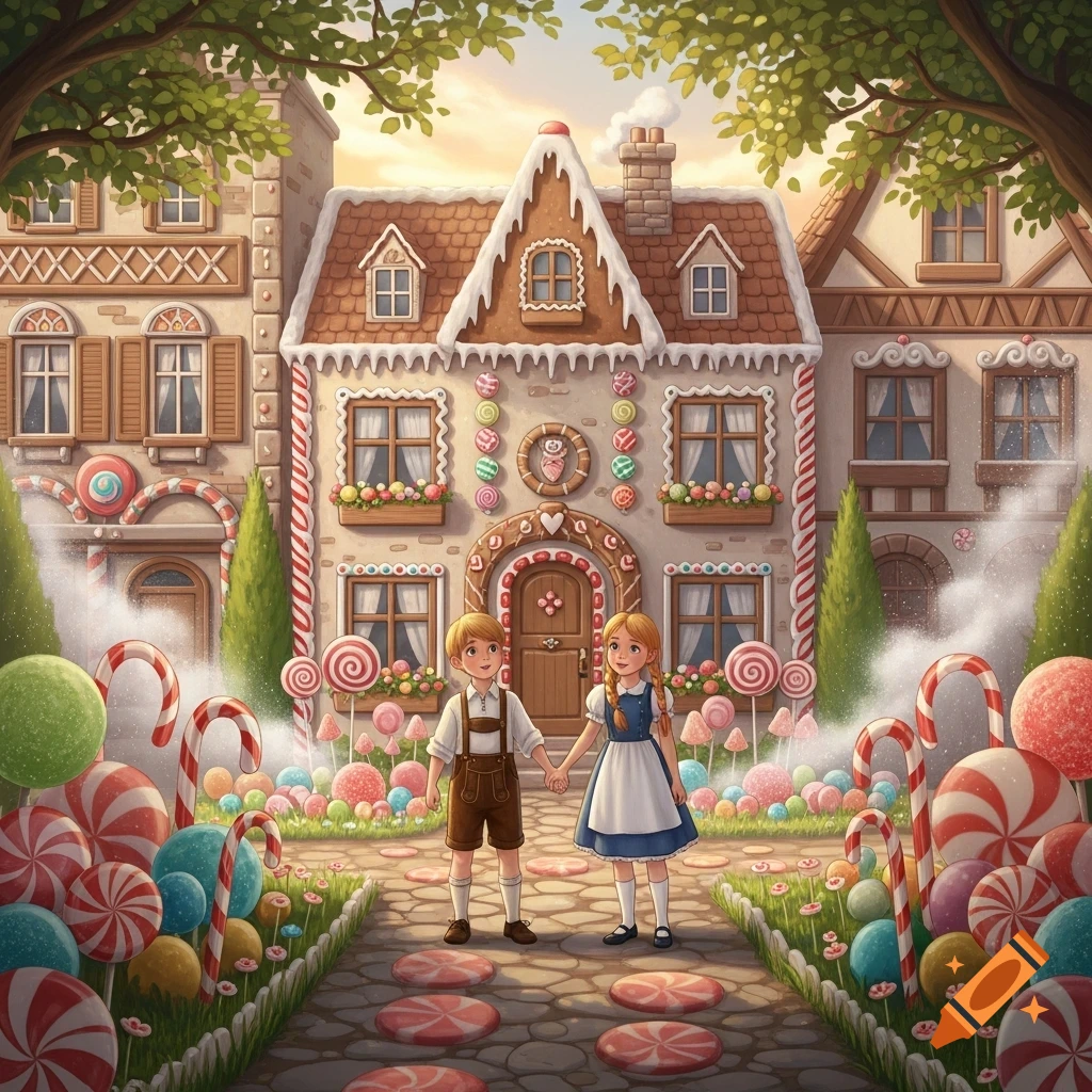 A whimsical illustration of a boy and girl holding hands on a candy-themed path in front of a gingerbread house, surrounded by giant sweets.