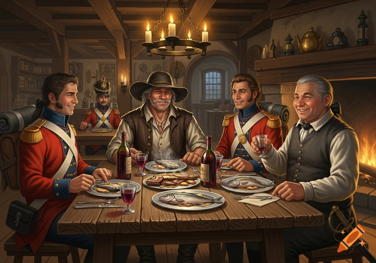 Men in 18th-century attire, including soldiers, a carter, and an innkeeper, dine on fish and wine at a wooden table in a cozy tavern.