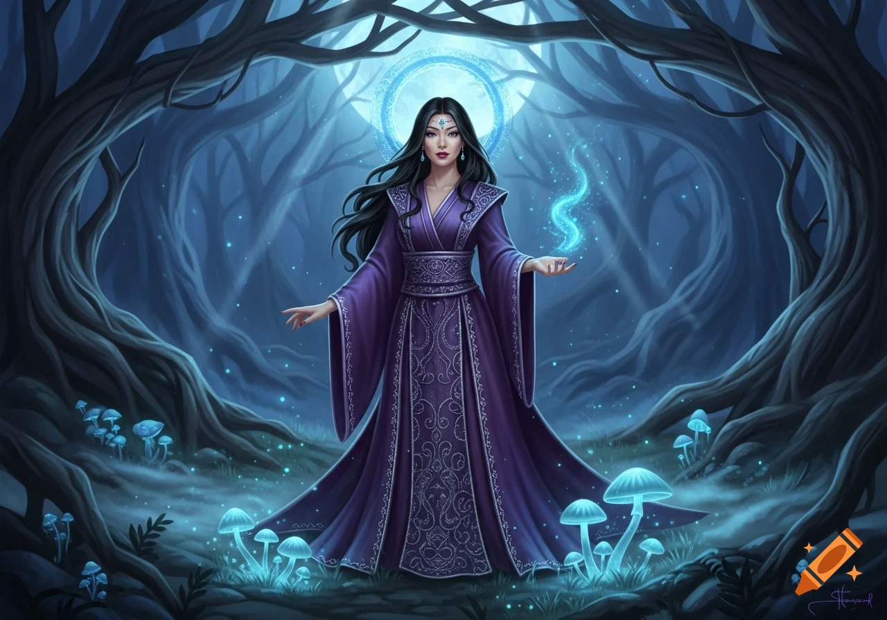 A fantasy digital painting of an Asian witch in a purple robe conjuring blue magic in a dark, enchanted forest with glowing mushrooms.