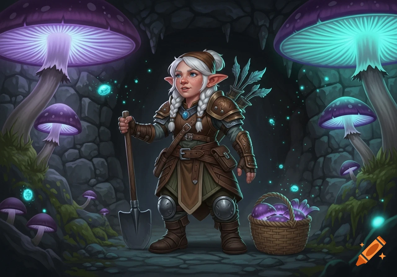 A female deep gnome in armor and white braids stands in a fantasy mushroom cave, holding a shovel next to a basket of purple mushrooms.