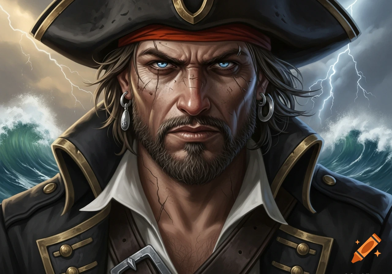 Close-up illustration of a rugged pirate with blue eyes and a beard, wearing a tricorn hat, against a stormy sea with lightning.