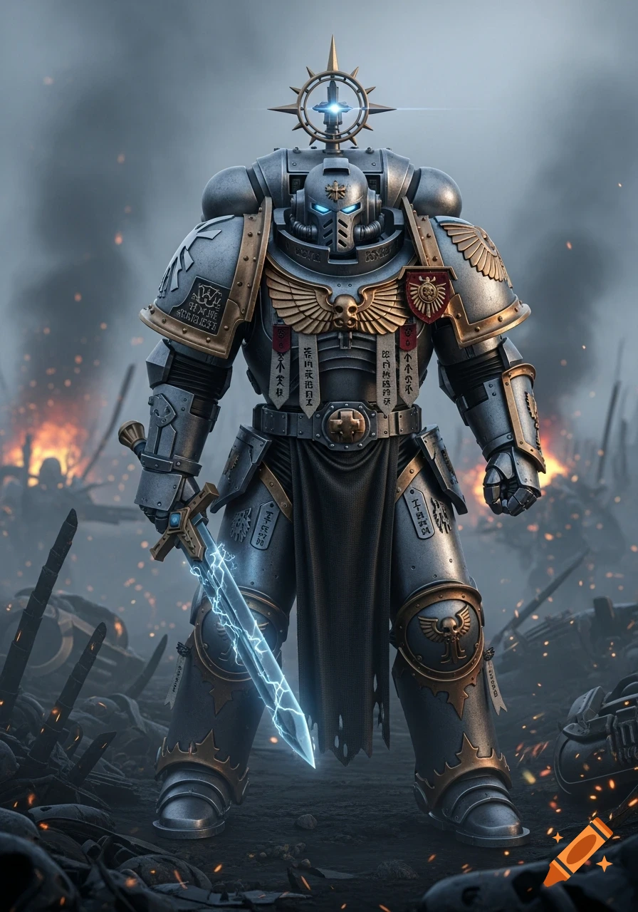 A heavily armored Grey Knight warrior in silver and gold power armor stands holding a glowing blue sword amidst a smoke-filled battlefield with burning debris.