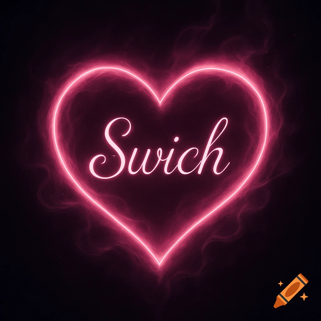 A glowing pink neon heart outline with the word Swich written in a script font inside, set against a dark background.