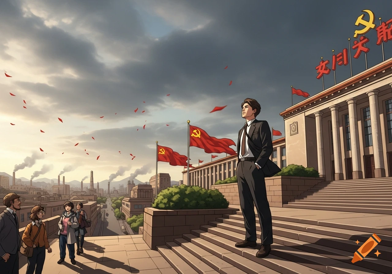 An anime-style image of a man in a suit standing on steps leading to a large building with Chinese text and communist flags, overlooking an industrial city at sunset.