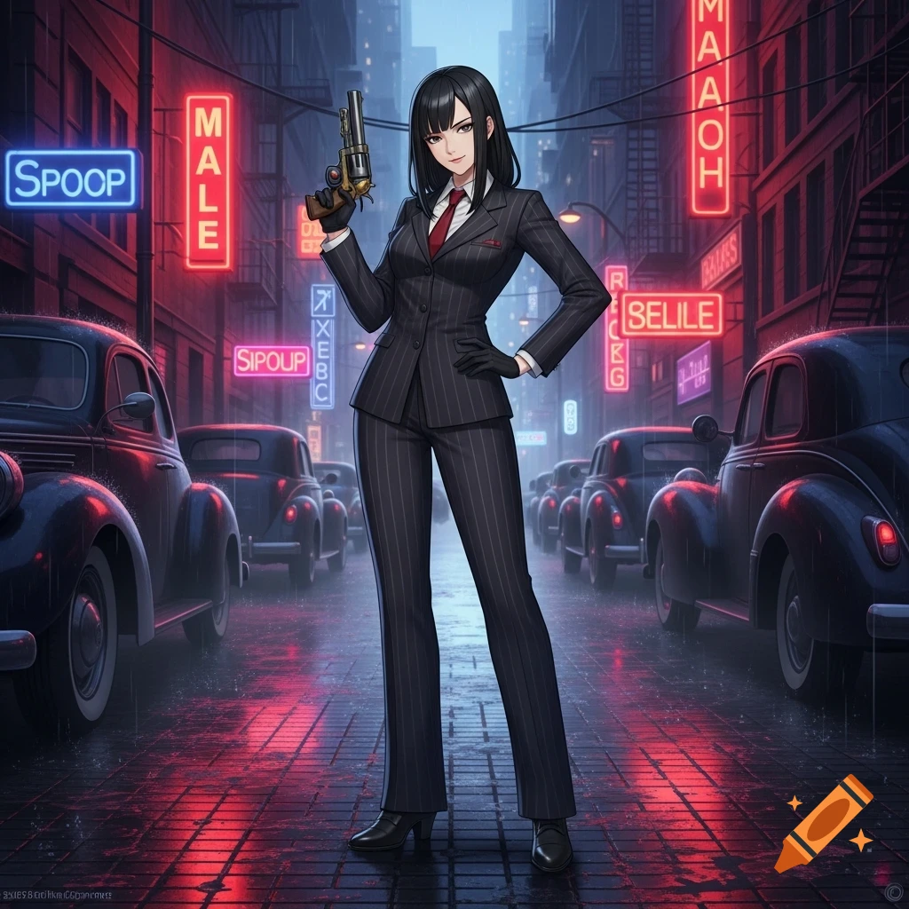 Anime-style woman in a pinstripe suit and gloves holding a gun on a rainy city street at night, surrounded by neon signs and classic cars.