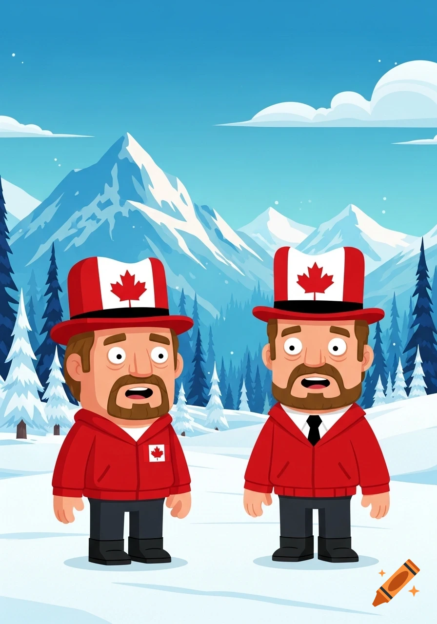 Two cartoon men in red jackets and Canadian flag hats stand in a snowy mountain landscape with pine trees.