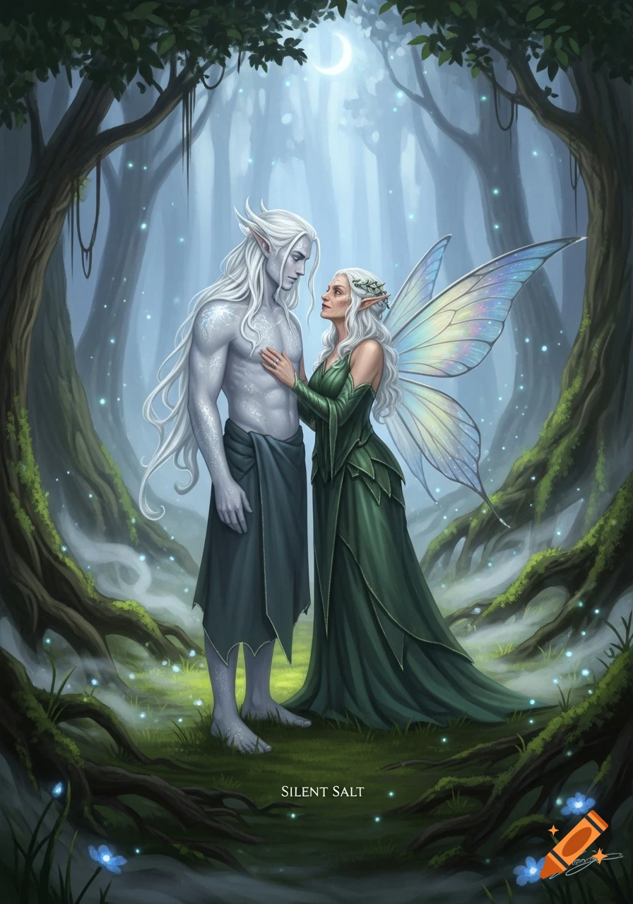 A white-haired elf-like man and a fairy woman in a magical forest under a crescent moon, facing each other intimately.
