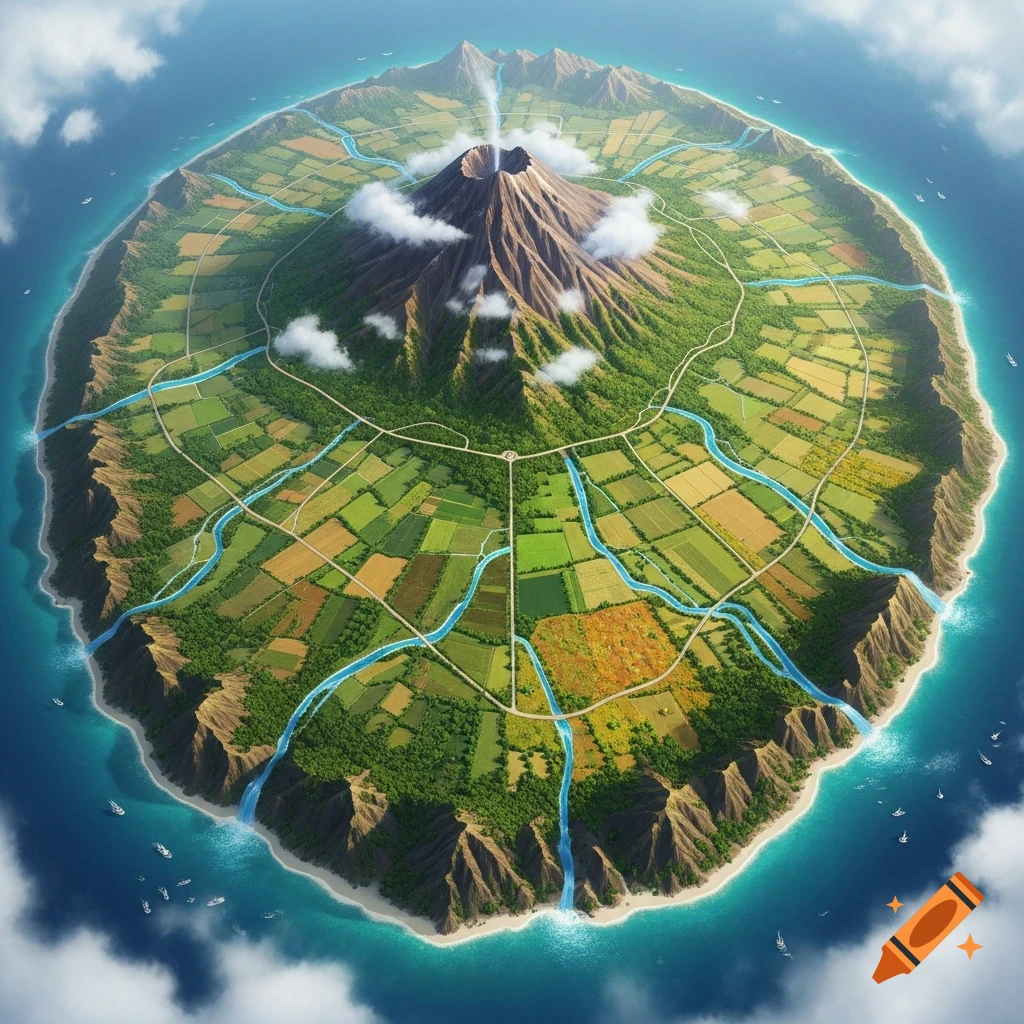 Aerial view of a vibrant green oval island with a central dormant volcano, terraced fields, and numerous rivers flowing to the blue ocean.