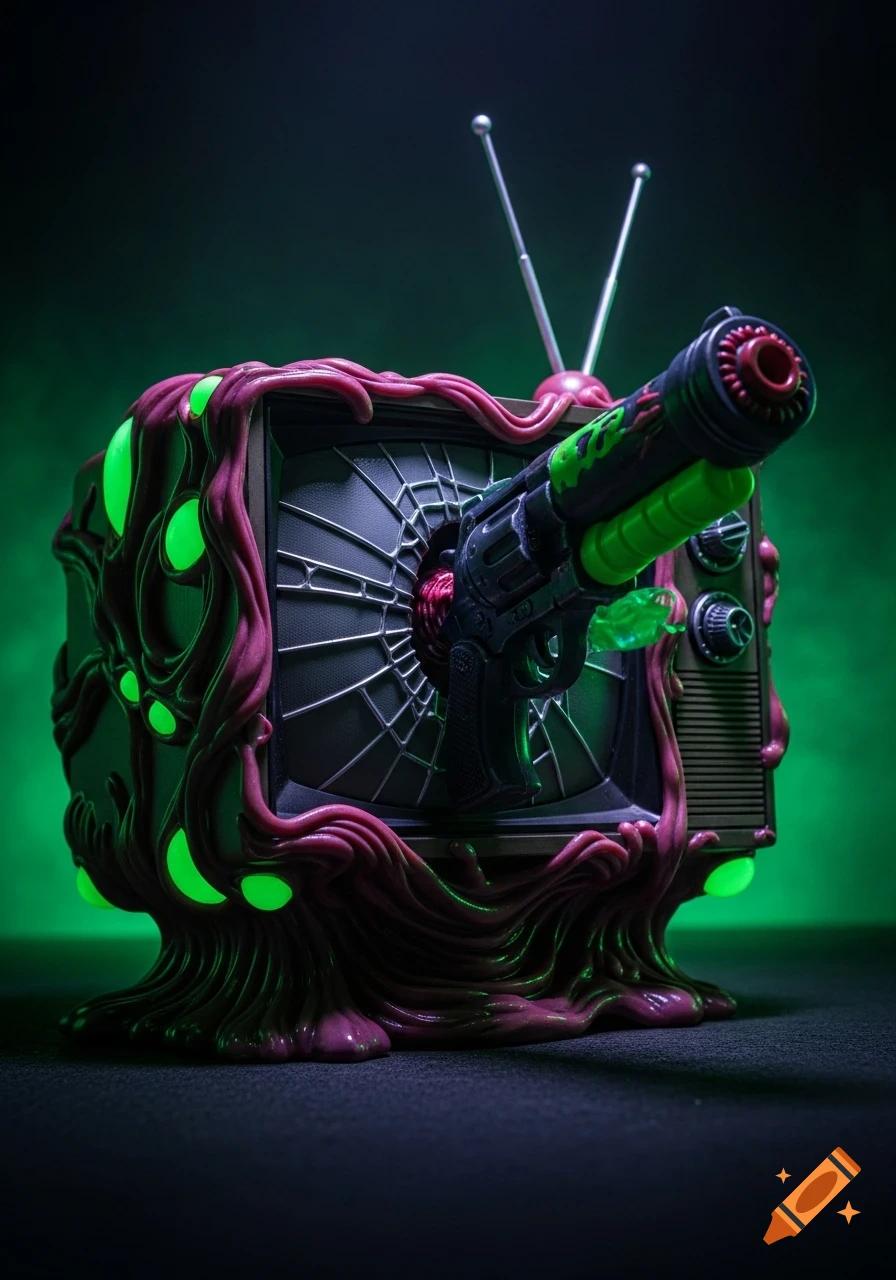 A grotesque retro TV, covered in glowing green and purple organic matter, with a black and green gun piercing its broken screen, in the style of a horror figurine.