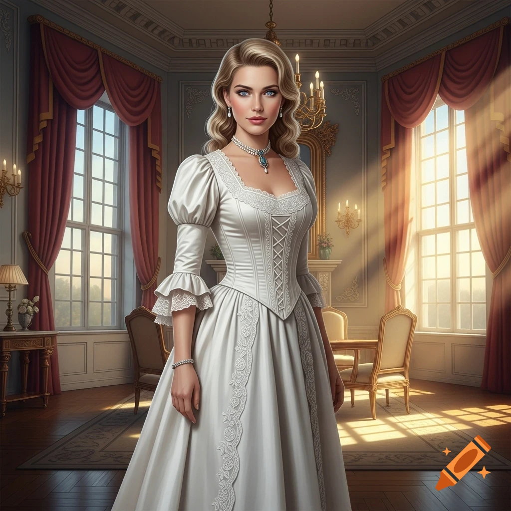 A woman with blonde hair and blue eyes in a white Victorian dress stands in an elegant room.