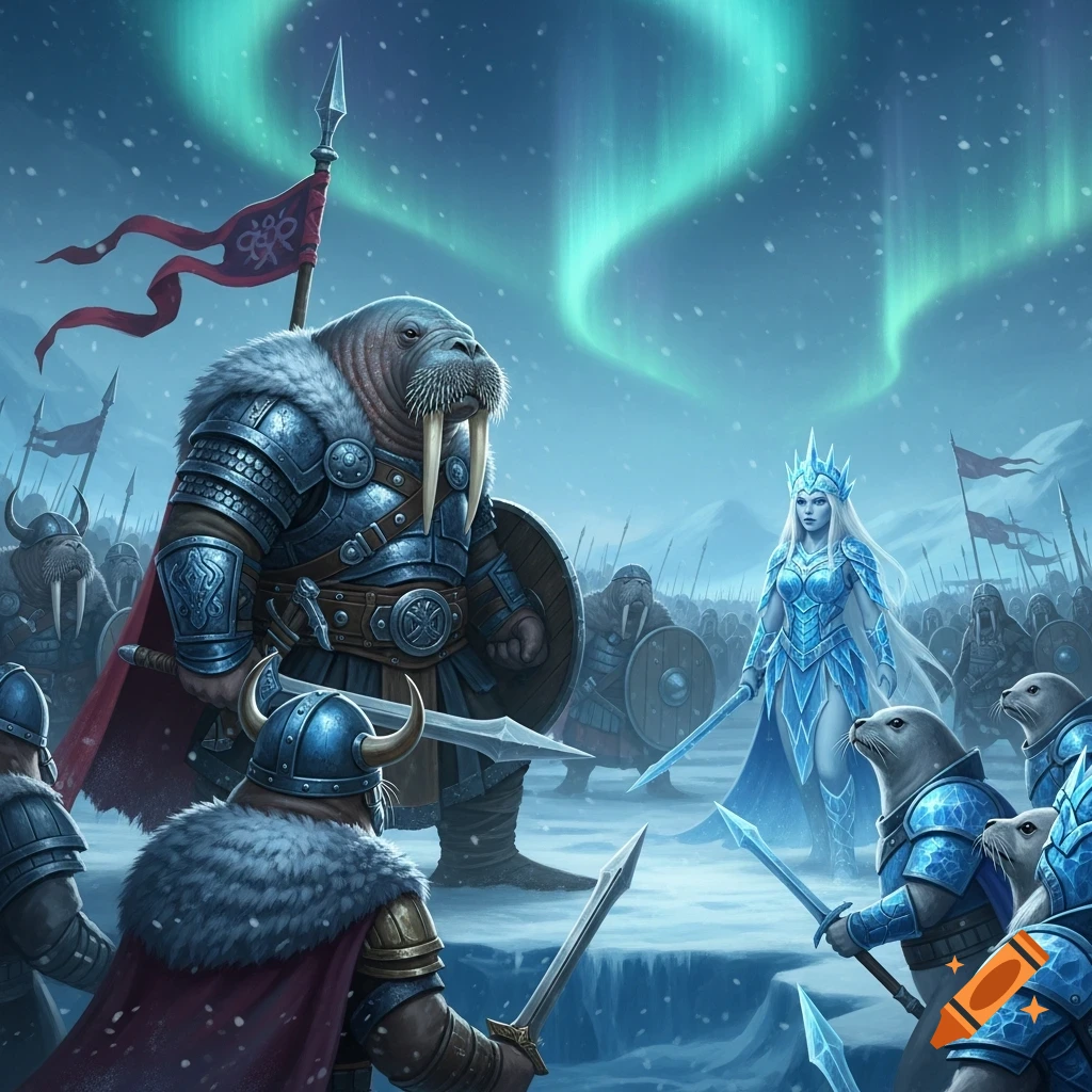 A walrus viking warrior with shield and spear faces an ice princess and her seal warriors in a snowy arctic landscape under the aurora borealis.