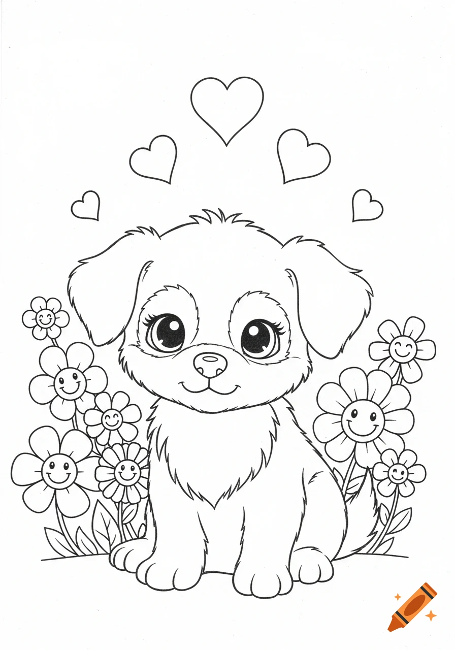 Black and white line drawing of a cute puppy sitting among smiling flowers with hearts floating above, ready for coloring.