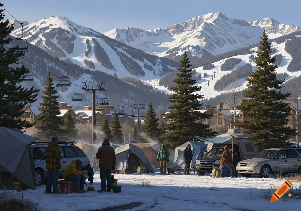 A realistic image of a Colorado mountain town in winter, with ski resorts in the background and service workers camping in tents and cars in the snowy foreground.