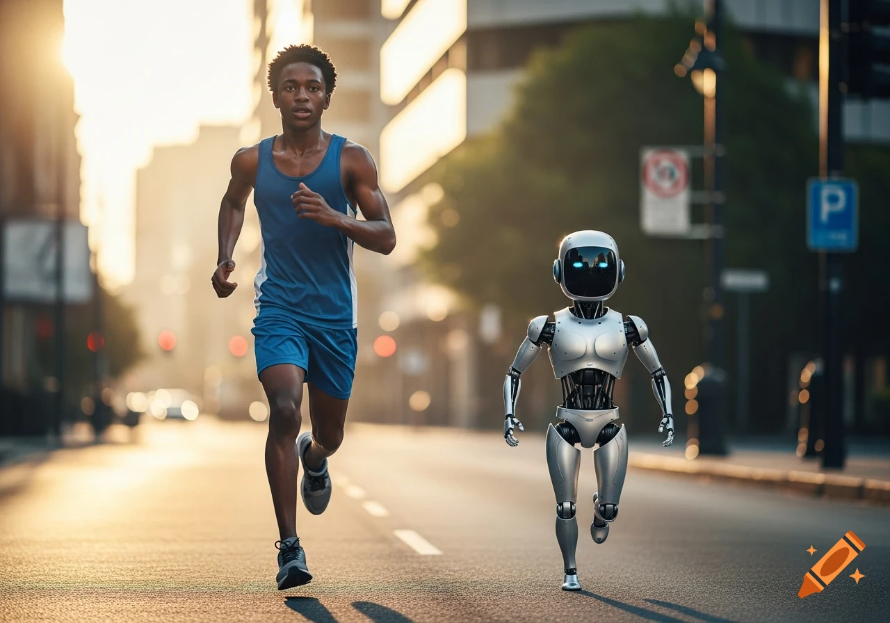 An African teenage boy and a robot running together on a sunny city street, with buildings in the background.