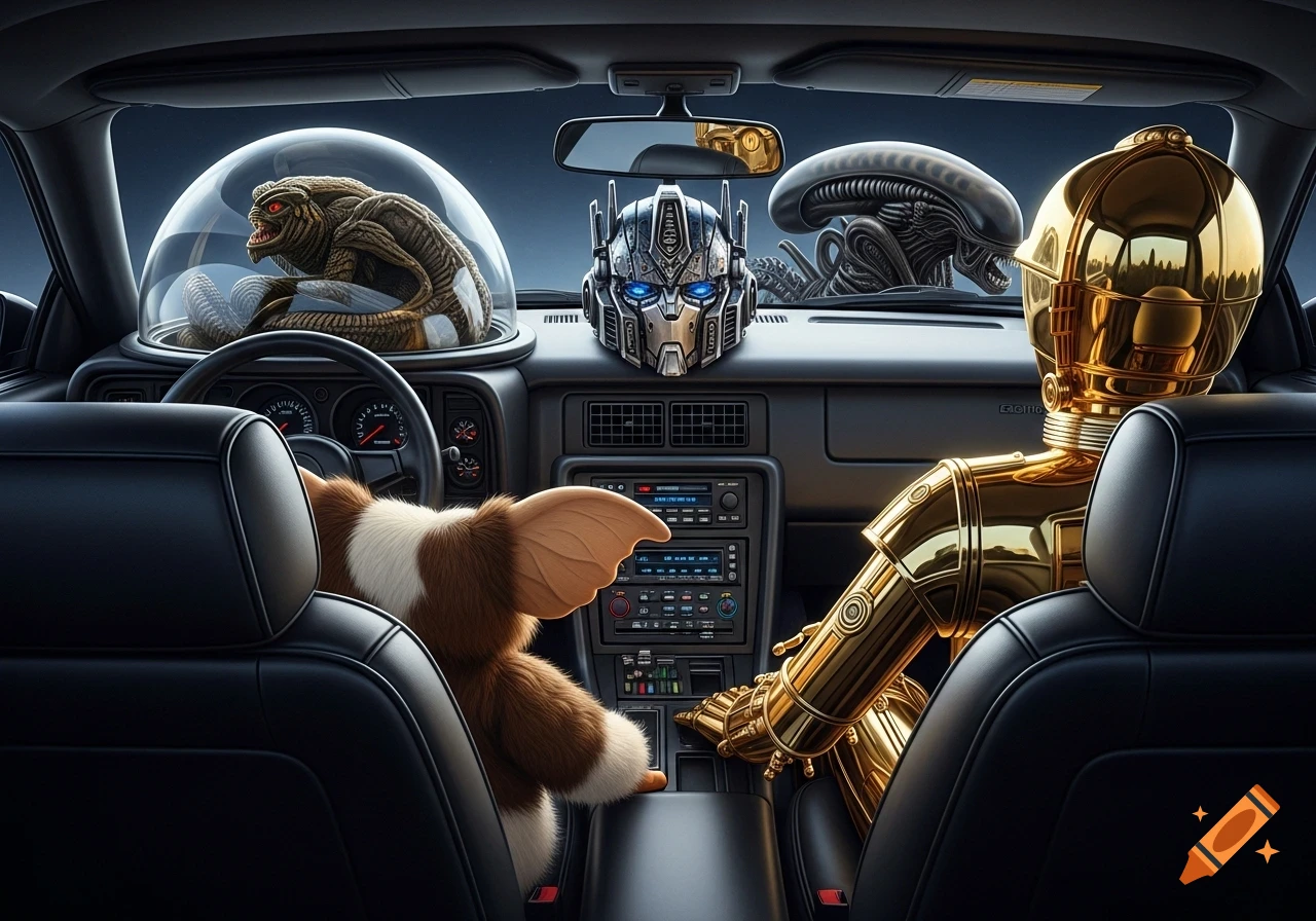 Photorealistic car interior with C-3PO in the passenger seat, Optimus Prime bust on the dash, a Gremlin in a mini-seat, and an Alien Xenomorph in a dome in the back.