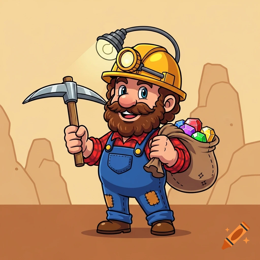 A friendly cartoon miner with a beard, wearing a hard hat and overalls, holding a pickaxe and a sack of colorful gems.