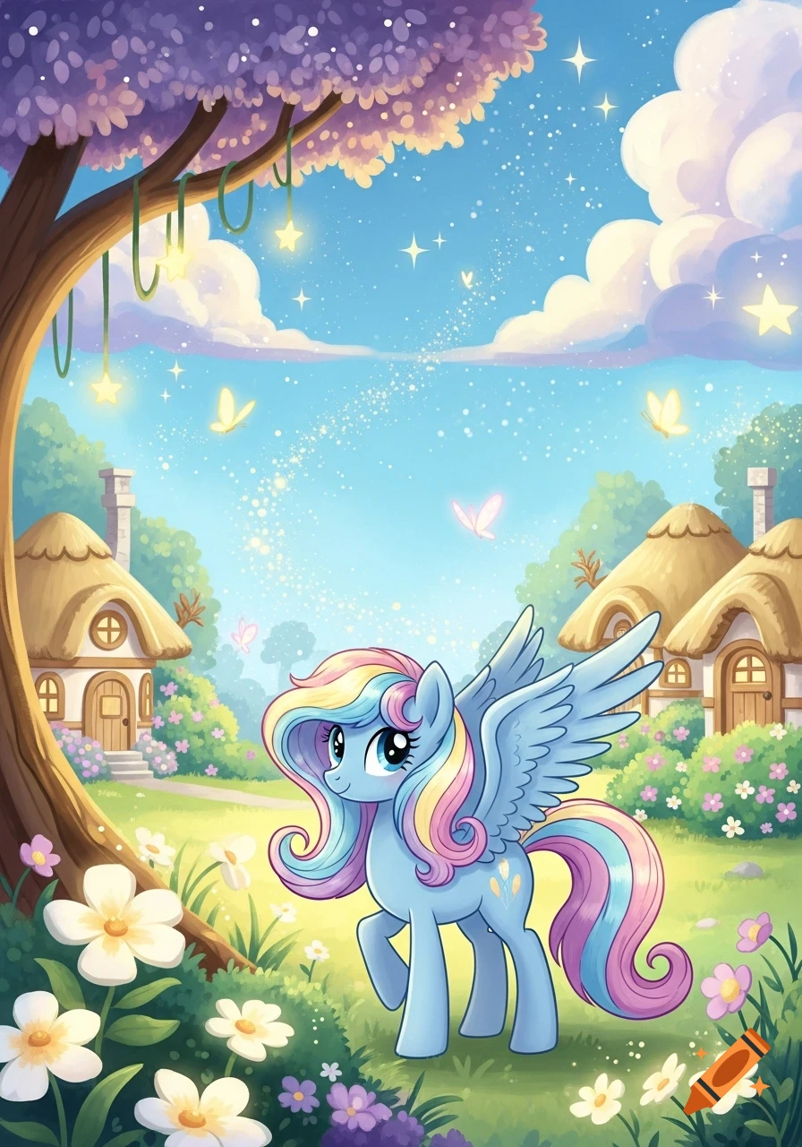 A blue winged pony with a rainbow mane and tail stands in a magical garden with flowers, cute houses, and a sparkling sky, in a cartoon style.