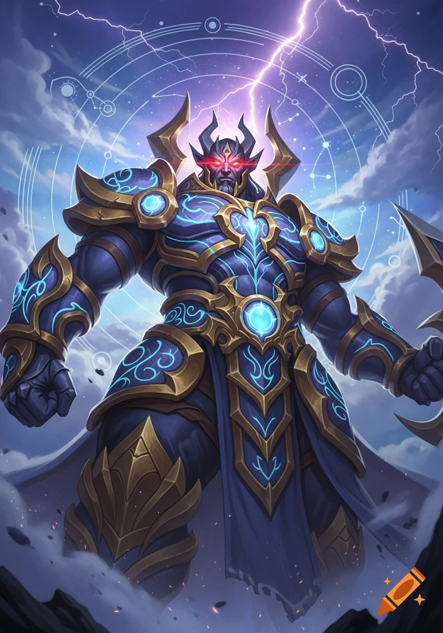 Massive dark blue and gold armored fantasy warrior with glowing red ...