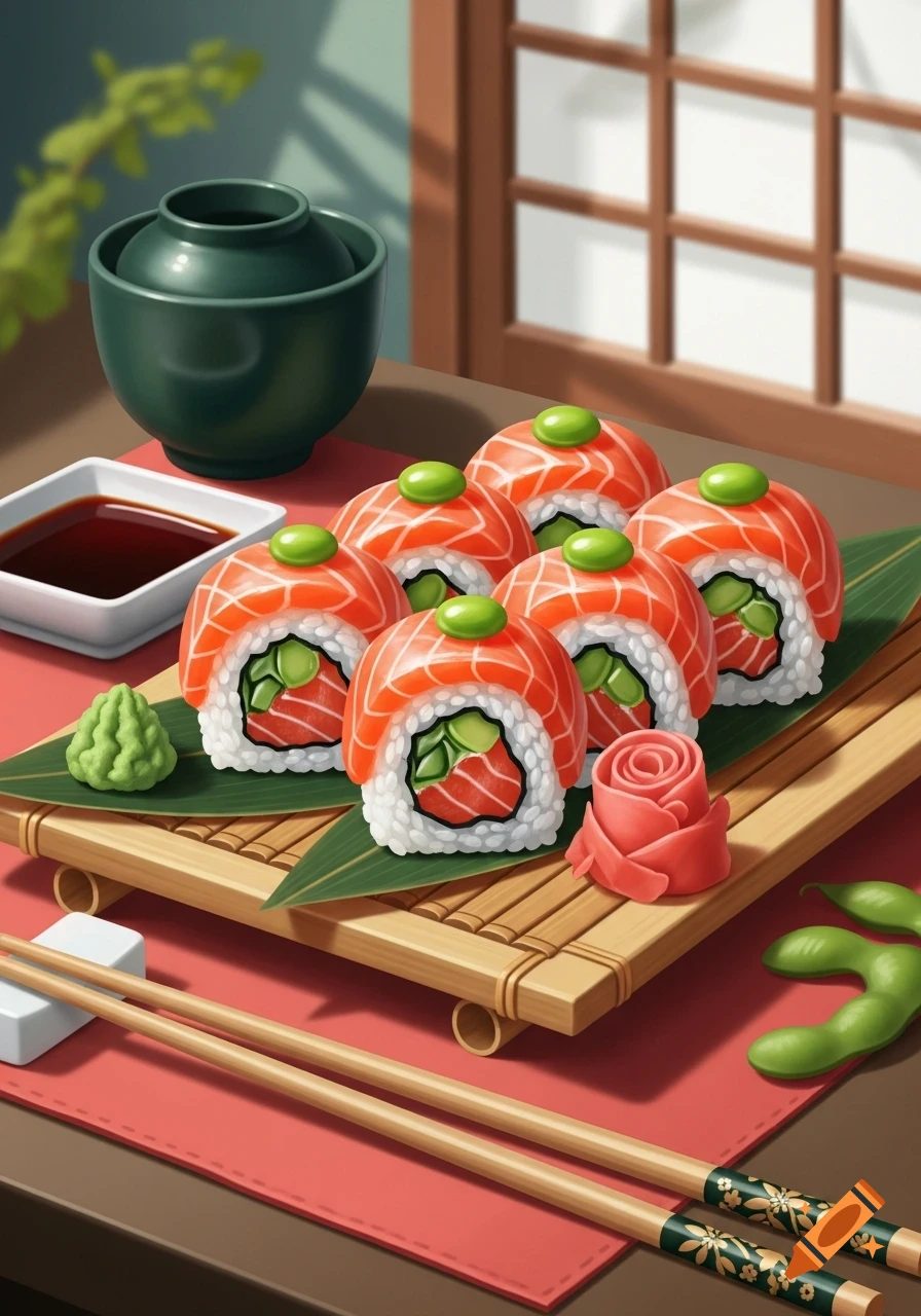 A close-up of salmon maki sushi rolls on a bamboo platter, accompanied by wasabi, pickled ginger, chopsticks, and soy sauce.