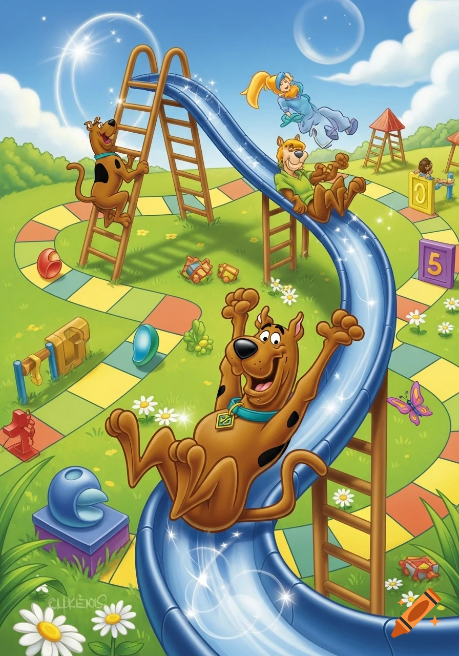 Scooby Doo slides down a blue slide with arms raised, while Shaggy and Daphne are on the slide and a ladder in a cartoon game board setting.