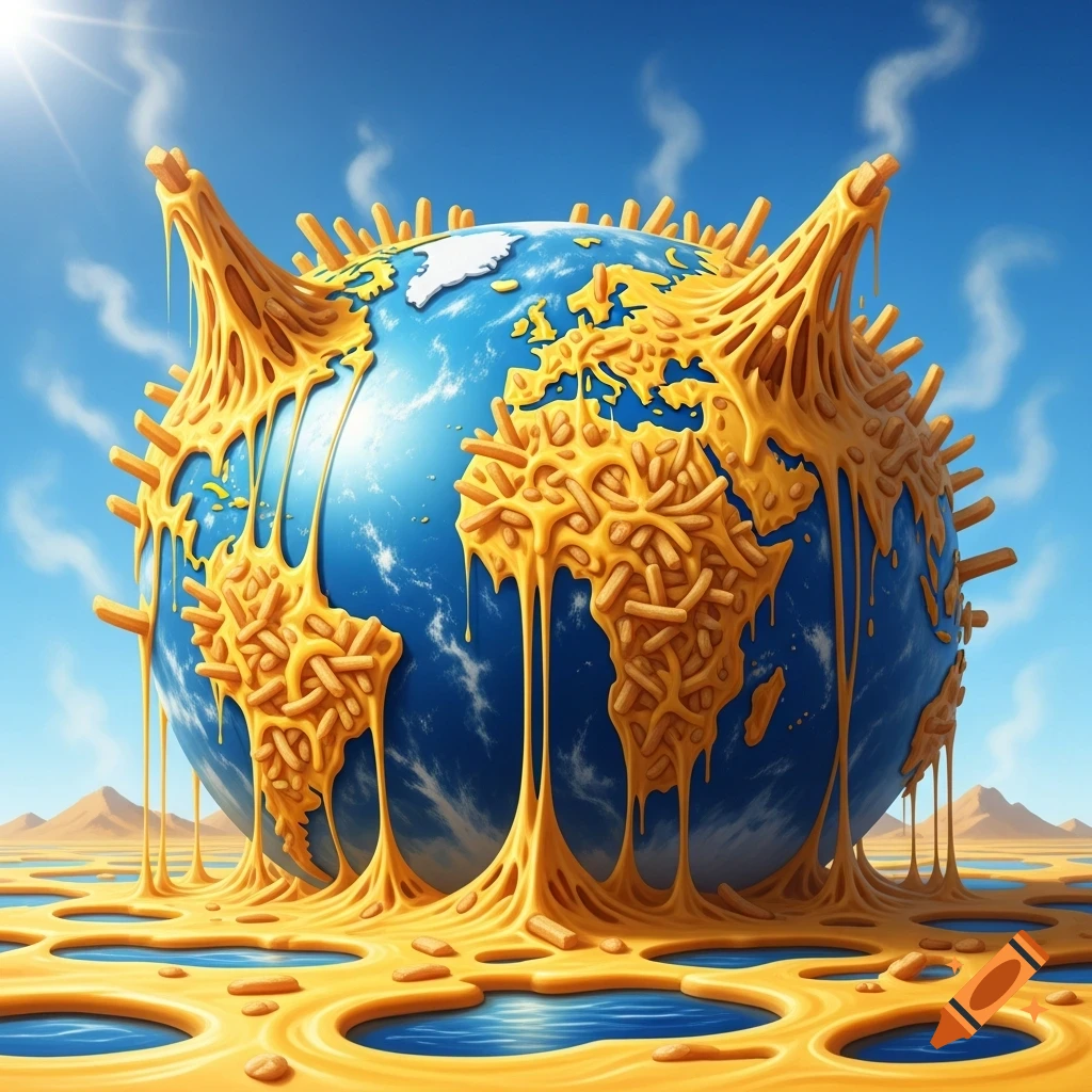 The Earth covered in melting cheese and french fries, with steam rising from the surface, creating a cheesy landscape under a bright blue sky.