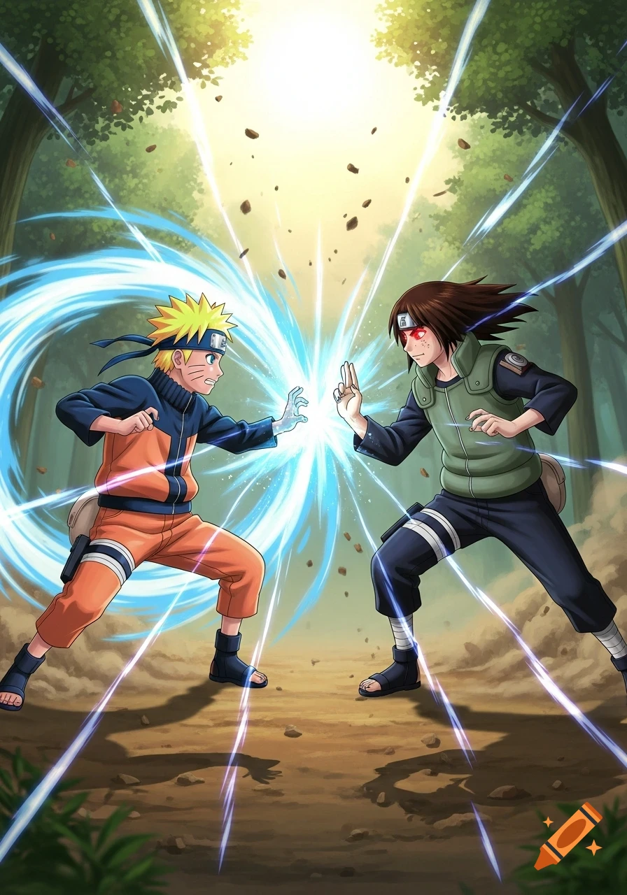 Naruto and another ninja face off with blue energy blasts in a dynamic anime forest scene.