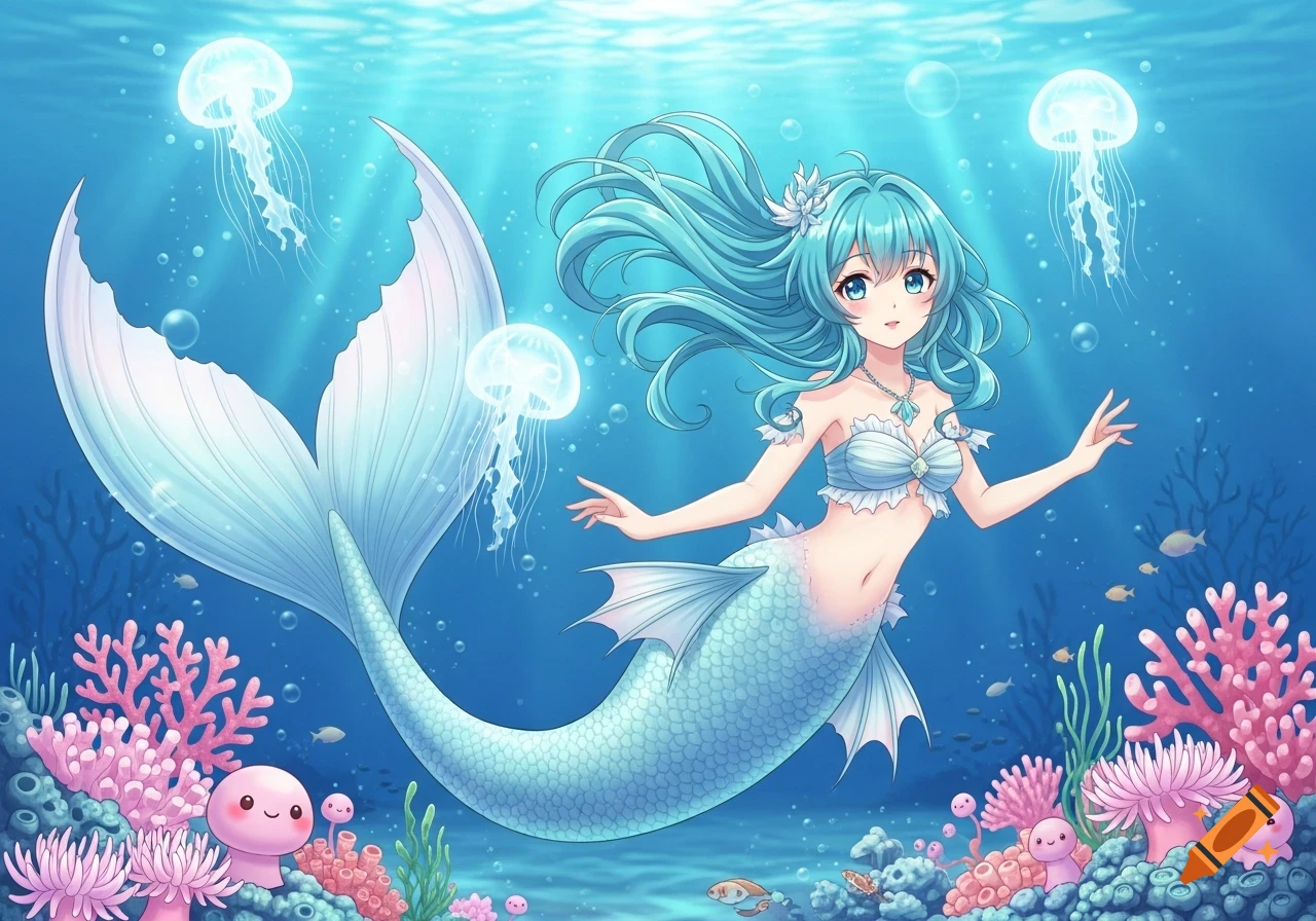 Anime mermaid with blue hair and tail swims underwater amidst jellyfish and colorful coral.