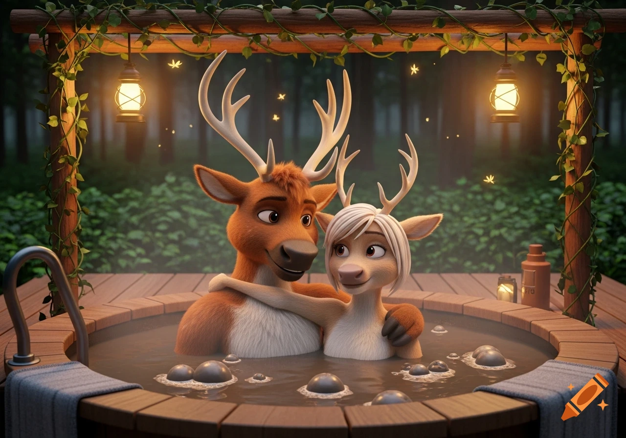 A cute animated anthropomorphic male and female reindeer couple relaxing happily in a hot tub at night, surrounded by hanging lanterns and lush greenery.