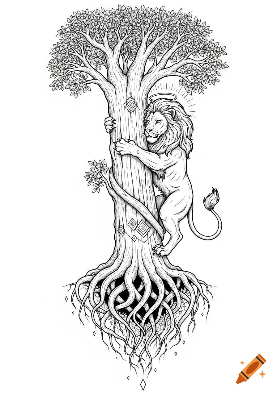 A detailed black and white line art sketch of a lion with a halo climbing a tree with intricate roots and geometric designs.