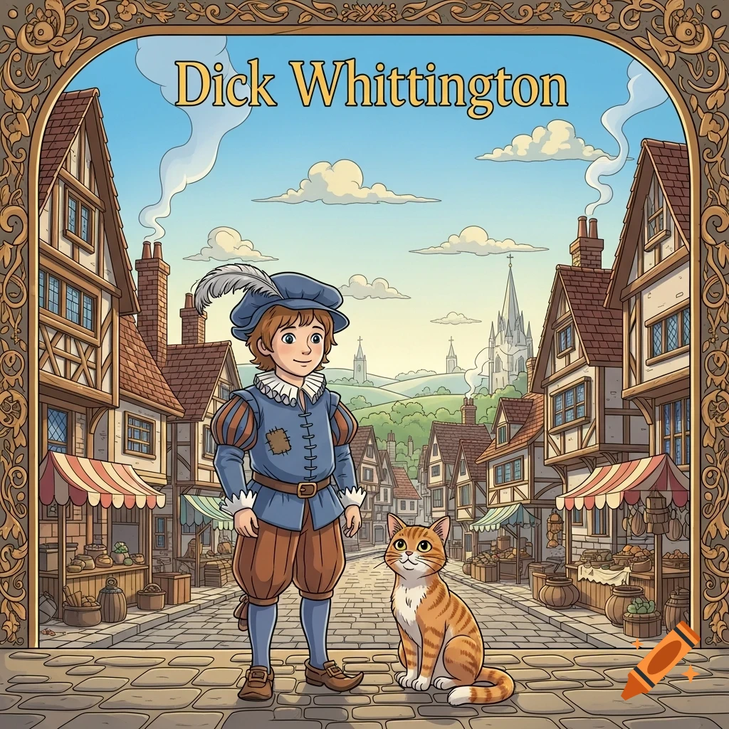 An illustration of Dick Whittington and his orange cat on a cobbled street in a medieval town, with text "Dick Whittington" at the top.