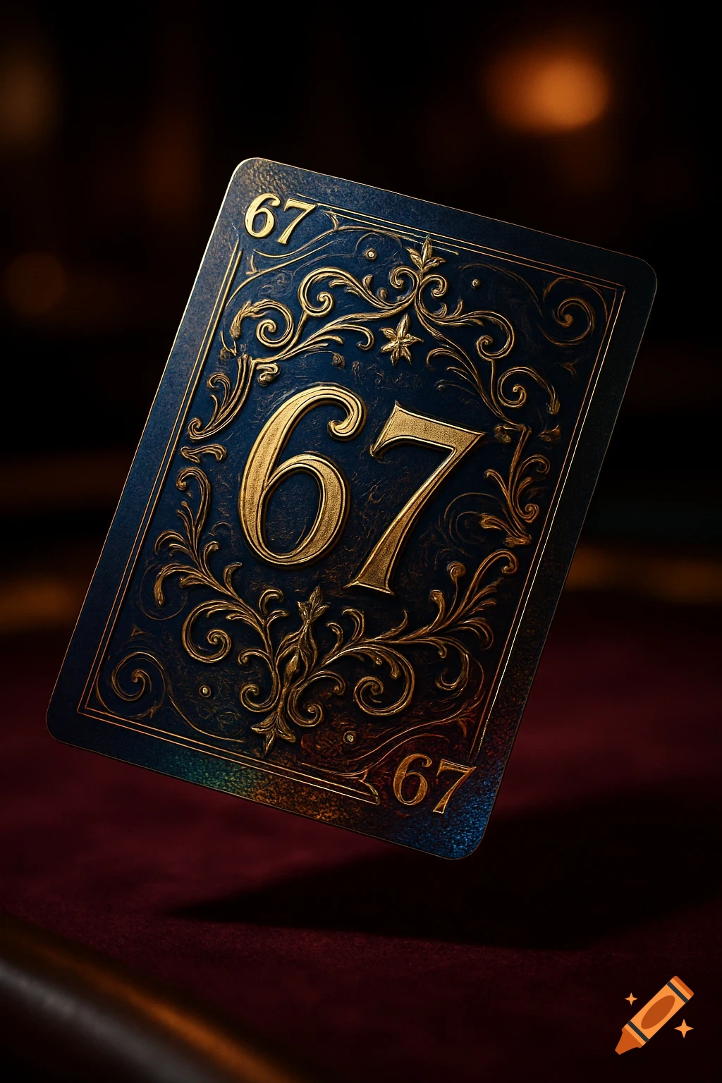 Ornate dark blue playing card with embossed gold number 67, on a blurred red felt surface in a dark, luxurious setting.