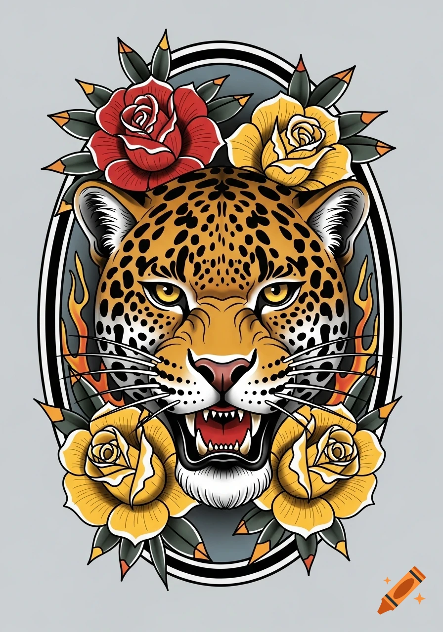 Traditional American tattoo style illustration of a roaring jaguar face, surrounded by red and yellow roses, within an oval border.